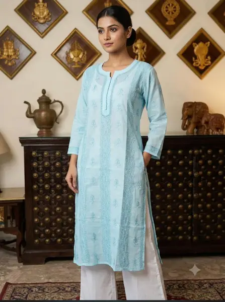 Chikankari Cotton Kurtas - Casual Daily Wear — turquoise / XL-42 — image 1 of 4