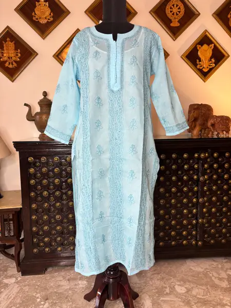 Chikankari Cotton Kurtas - Casual Daily Wear — turquoise / XL-42 — image 2 of 4