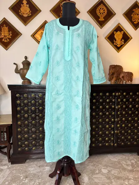 Chikankari Cotton Kurtas - Casual Daily Wear — turquoise / XL-42 — image 4 of 4