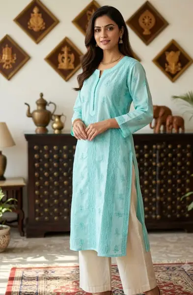 Chikankari Cotton Kurtas - Casual Daily Wear — mint green / 40 l — image 2 of 2