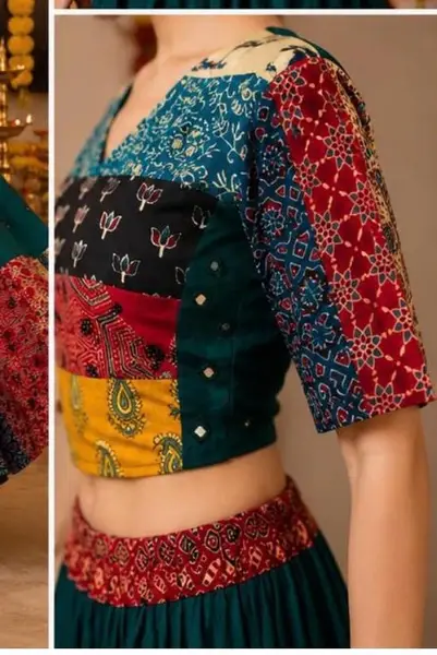 Ajrakh Cotton Lehenga Choli with Mirror Work - Festive Wear — bottle green / chania l-39 inches;blouse l-15 inches — image 2 of 3