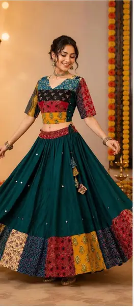 Ajrakh Cotton Lehenga Choli with Mirror Work - Festive Wear — bottle green / chania l-39 inches;blouse l-15 inches — image 3 of 3