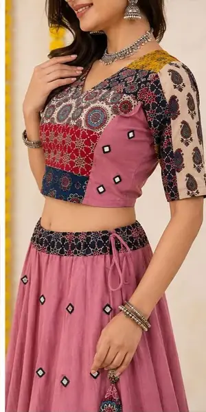 Ajrakh Cotton Lehenga Choli with Mirror Work - Festive Wear — pink / chania l-39 inches; blouse l-15 inches — image 2 of 3