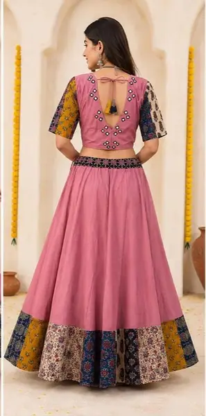 Ajrakh Cotton Lehenga Choli with Mirror Work - Festive Wear — pink / chania l-39 inches; blouse l-15 inches — image 3 of 3