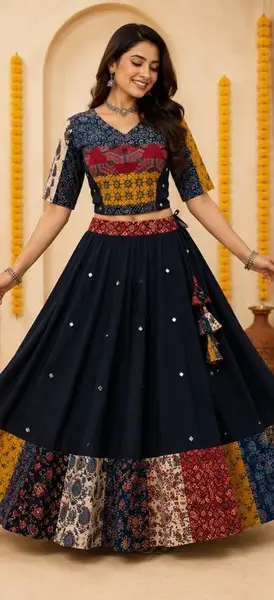 Ajrakh Cotton Lehenga Choli with Mirror Work - Festive Wear — navy blue / chania l-39 inches; blouse l-15 inches — image 1 of 3