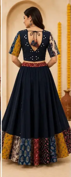 Ajrakh Cotton Lehenga Choli with Mirror Work - Festive Wear — navy blue / chania l-39 inches; blouse l-15 inches — image 2 of 3