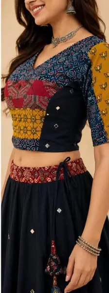 Ajrakh Cotton Lehenga Choli with Mirror Work - Festive Wear — navy blue / chania l-39 inches; blouse l-15 inches — image 3 of 3