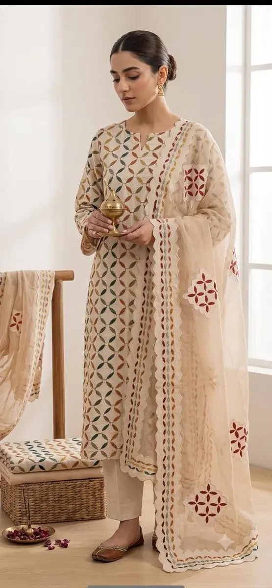 Cotton Applique Work Suit beige (Unstitched) - Image 1 of 2