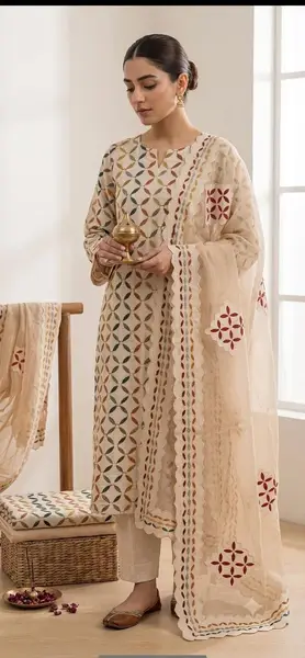 Cotton Applique Work Suit beige (Unstitched) — image 1 of 2