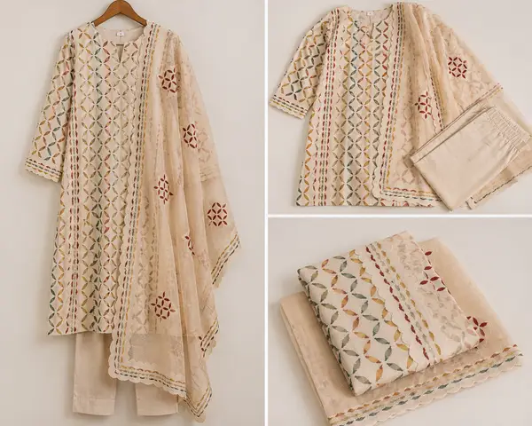 Cotton Applique Work Suit beige (Unstitched) — image 2 of 2