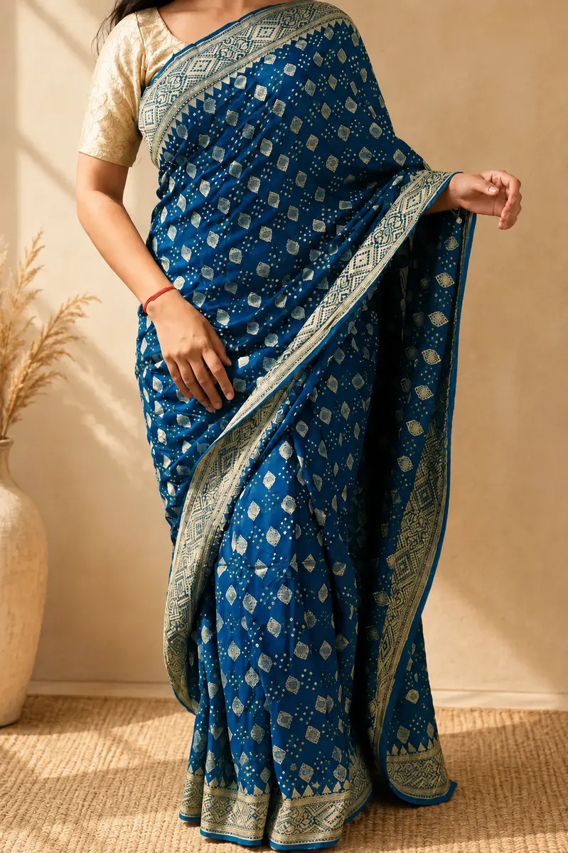 Gharchola Bandhej Georgette Saree Blue thumbnail 3