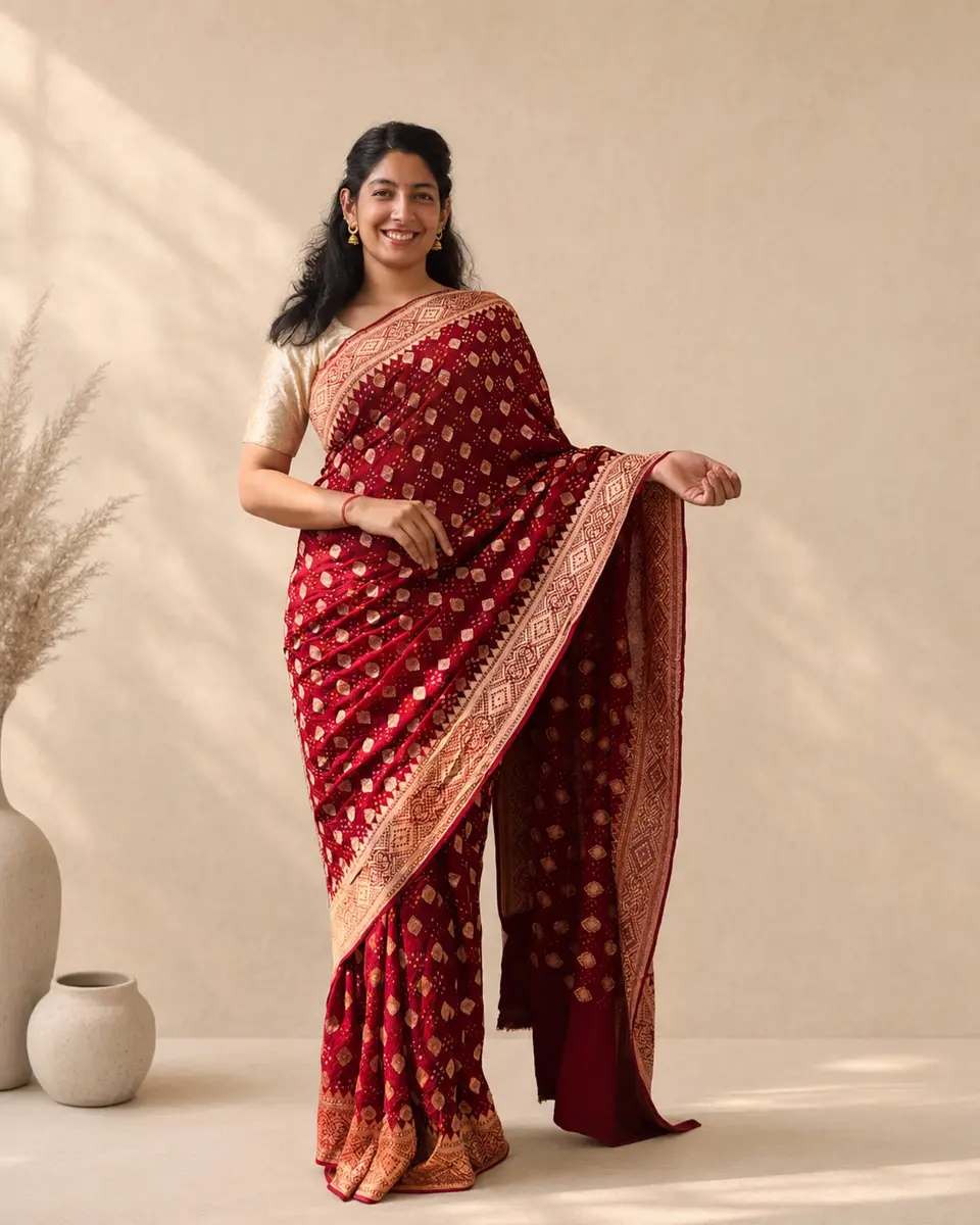 Gharchola Bandhej Georgette Saree Maroon  - Image 1 of 4