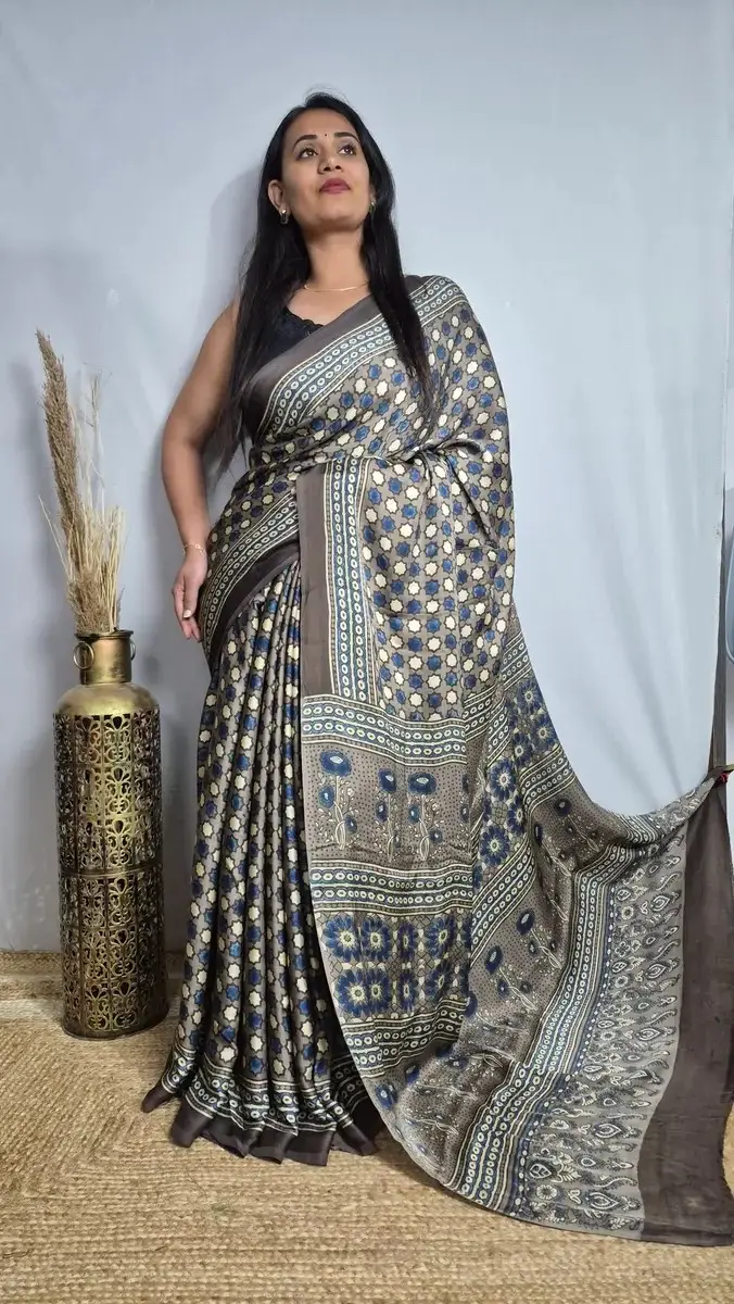 Ajrakh Modal Silk Printed Saree Mouse colour — image 1 of 2
