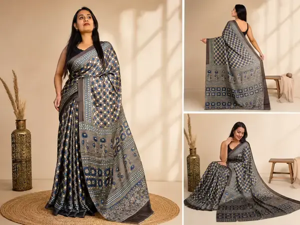 Ajrakh Modal Silk Printed Saree Mouse colour — image 2 of 2