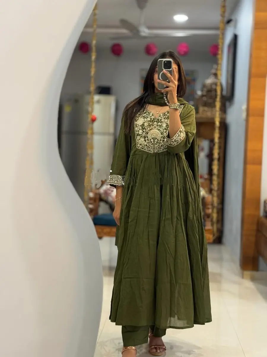 Chikankari Kurta Set Olive Green Cotton (Stitched) - Heritage Craft Product