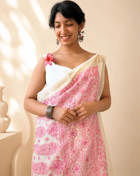 Chikankari Kota Doria Saree Pink White - Casual Daily Wear — image 1 of 3