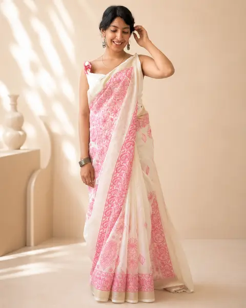 Chikankari Kota Doria Saree Pink White - Casual Daily Wear — image 2 of 3