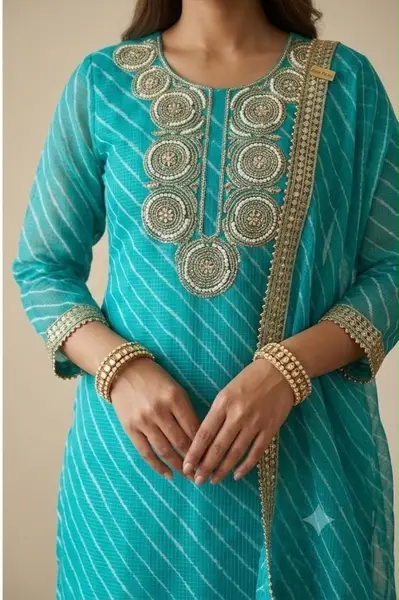 Kota Mint Green suit , lehriya print Hand Embroidery (Unstitched)   — image 3 of 3