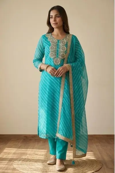 Kota Mint Green suit , lehriya print Hand Embroidery (Unstitched)   — image 2 of 3