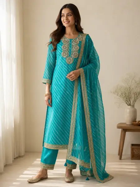 Kota Mint Green suit , lehriya print Hand Embroidery (Unstitched)   — image 1 of 3