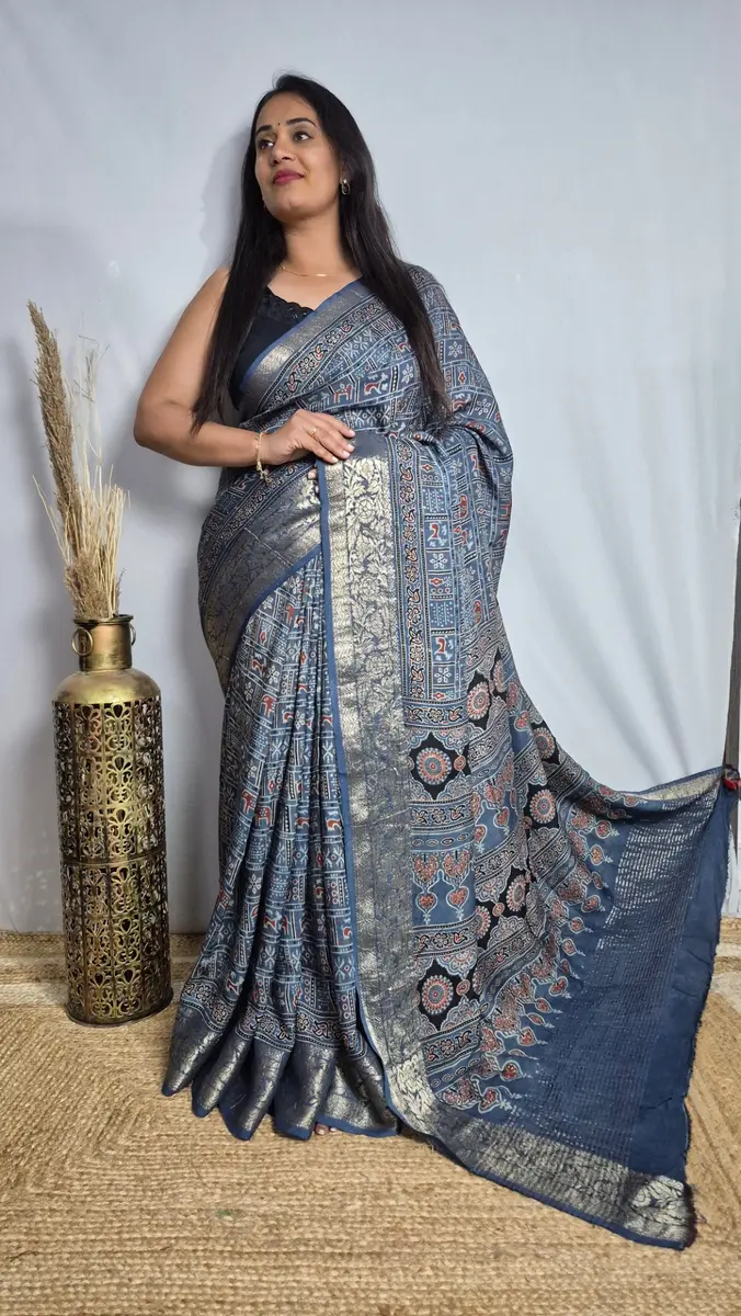 Ajrakh Block Print Saree Indigo Blue Silk Tissue Pallu thumbnail 2