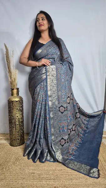 Ajrakh Block Print Saree Indigo Blue Silk Tissue Pallu — image 2 of 3