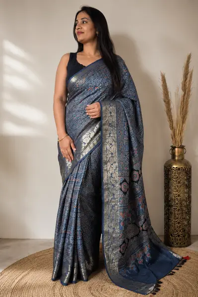 Ajrakh Block Print Saree Indigo Blue Silk Tissue Pallu — image 1 of 3