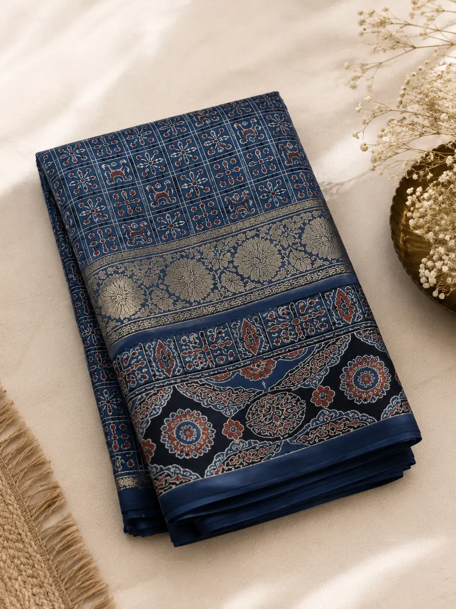 Ajrakh Block Print Saree Indigo Blue Silk Tissue Pallu thumbnail 3