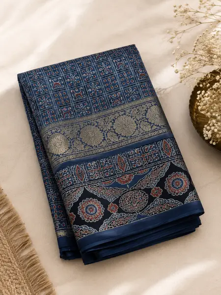 Ajrakh Block Print Saree Indigo Blue Silk Tissue Pallu — image 3 of 3